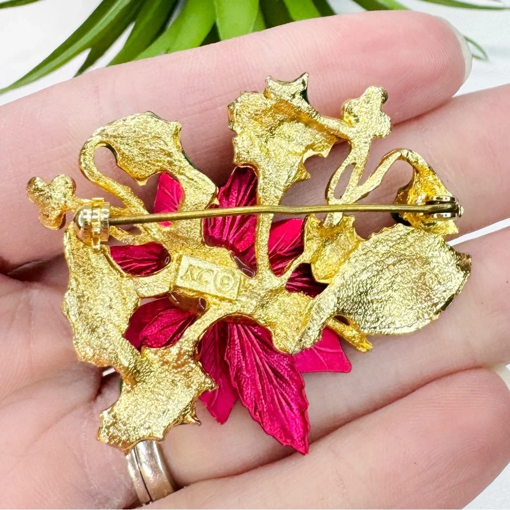Vintage Y2K Kenneth Cole Satin Red Enamel Christmas Poinsettia Faux Pearl Brooch
